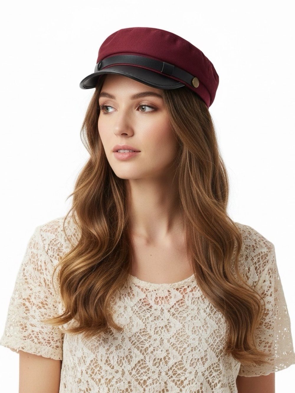 Dark Red Black Leather Stiff Brim Fiddler Newsboy Hat – Flat Top Cap OS NWT